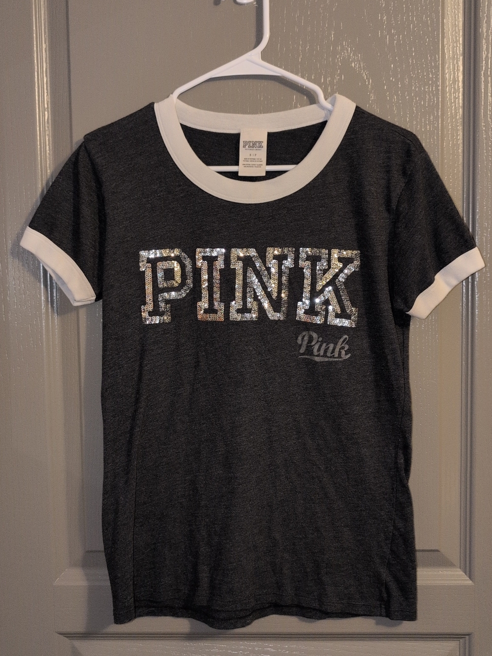Victoria's Secret PINK Charcoal Gray Ringer Tee with Silver Sequin Logo